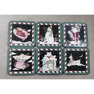 6pc Pimpernel Christmas Cork Back Coasters Set Snowman Angel Deer Santa Cat